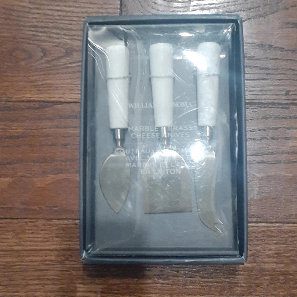 Williams Sonoma marble and brass cheese knives
